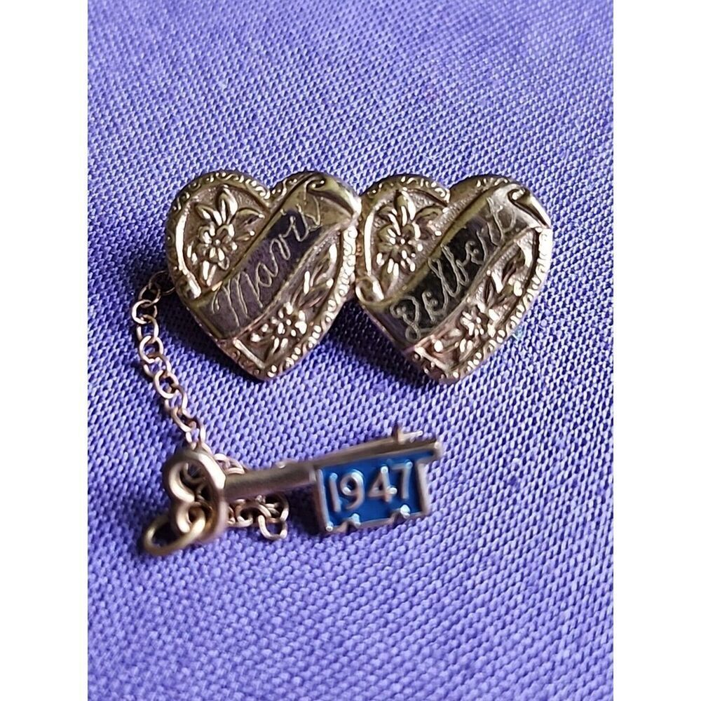 Vintage Sweetheart Couple Heart Pin with Skeleton Key Mavis And Delbert 1947